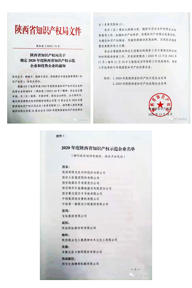 寶鈦集團(tuán)榮獲陜西省知識產(chǎn)權(quán)示范企業(yè)稱號